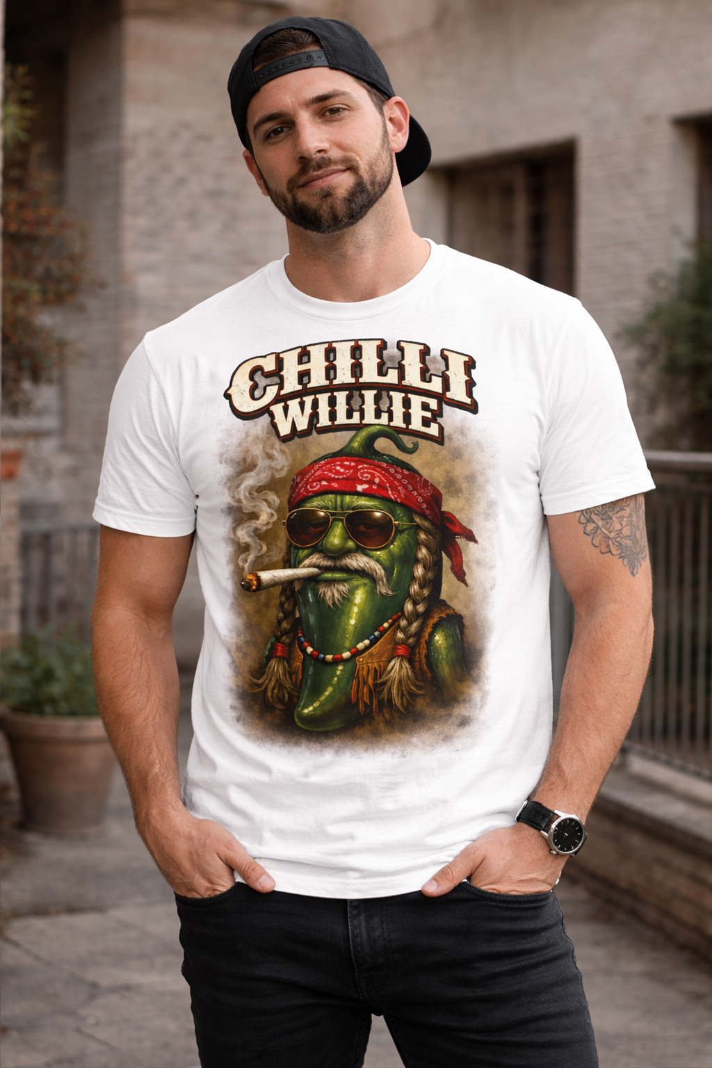 Chilli Willie Graphic Tee — Retro Smoking Chili Pepper Design