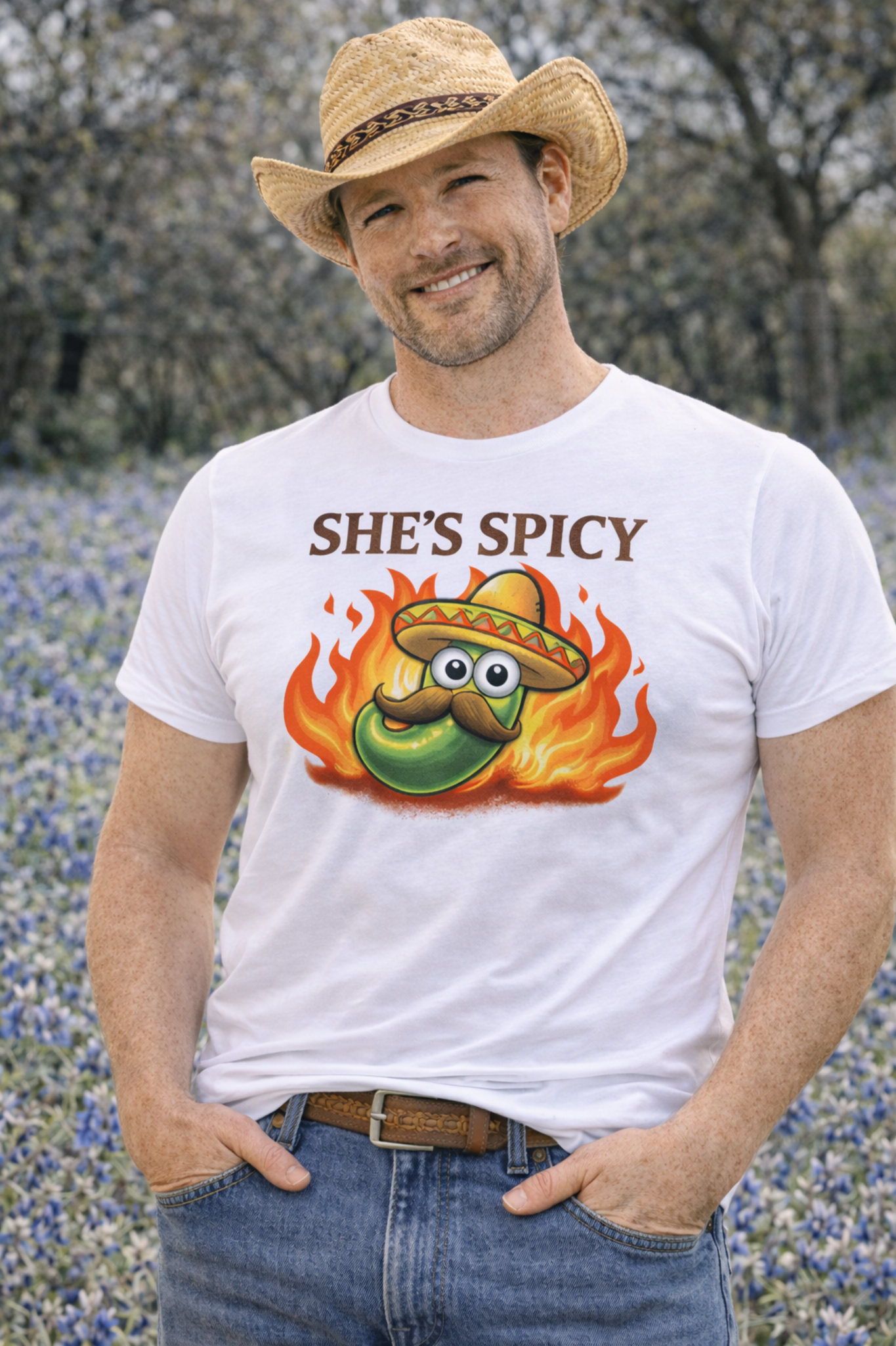 She’s Spicy Graphic Tee — Cute Fiery Jalapeño Shirt ("I Love Spicy" Back)